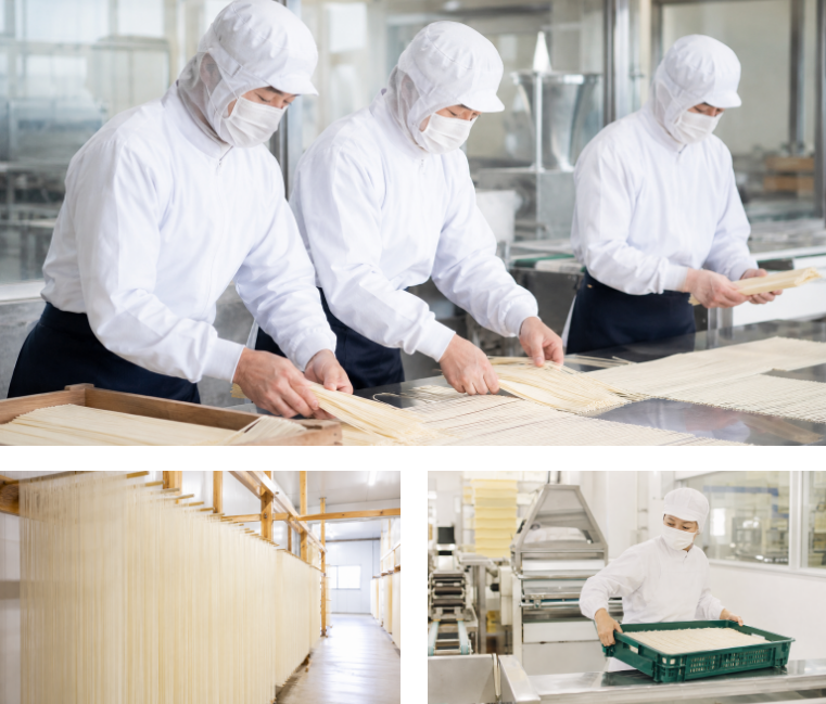 素麺の製造に取り組むスタッフと工場内の様子